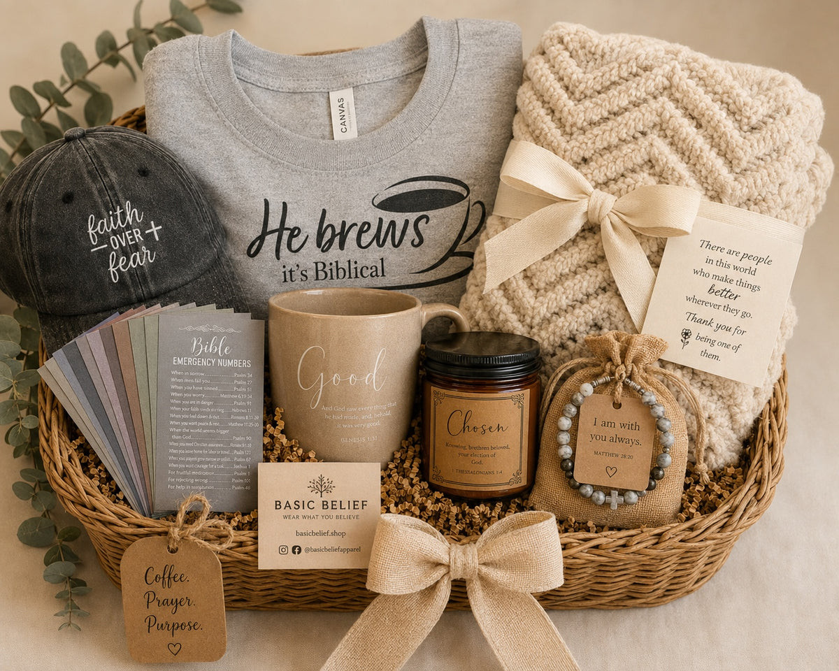 Basic Belief He Brews coffee and faith gift basket