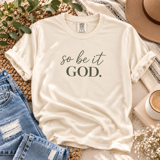 So Be It God cream tee styled flat lay